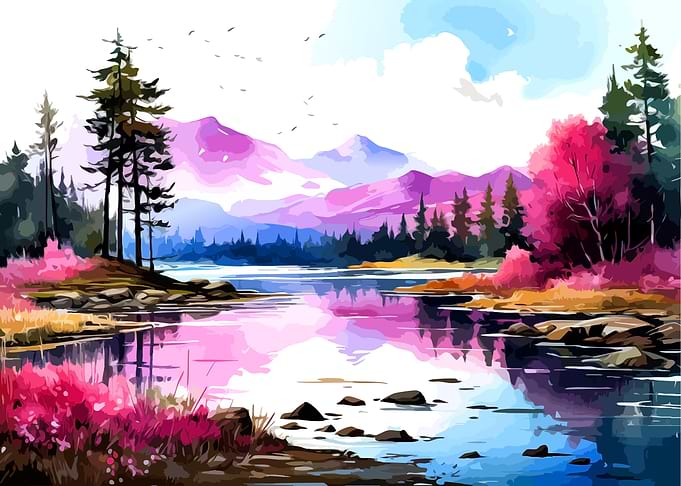 Vibrant Pink Mountain Lake Landscape