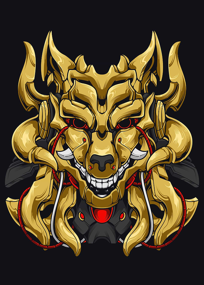 Golden Cybernetic Wolf Head Illustration