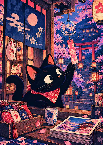 Black Cat Playing with Wind Chime