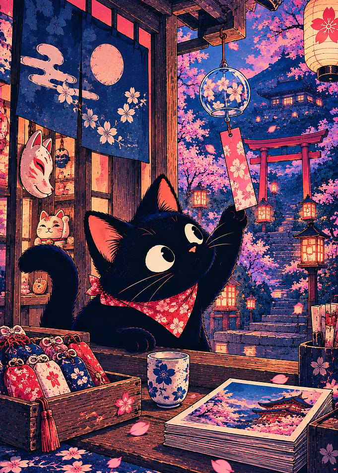 Black Cat Playing with Wind Chime