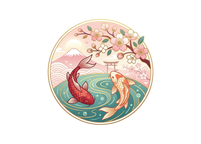 Koi Fish and Mount Fuji Illustration