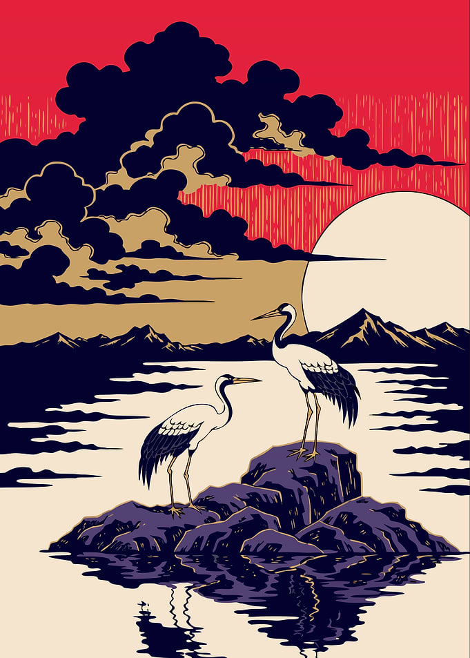 Crimson Sky Cranes
