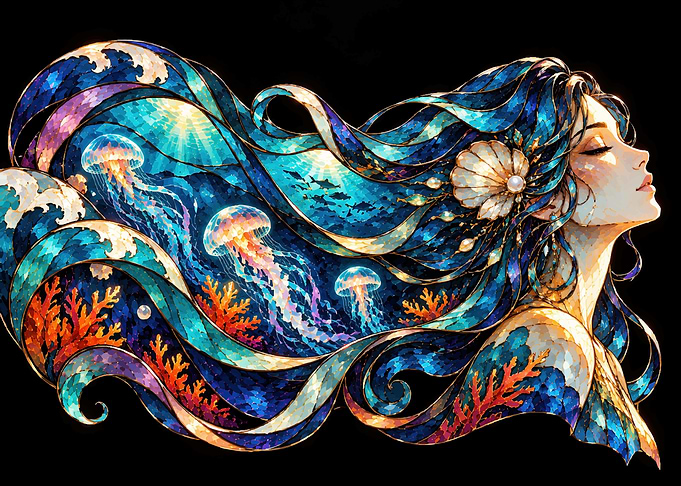 Stained Glass Mermaid Ocean Fantasy Art