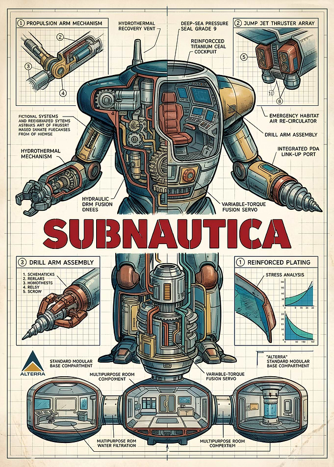 Subnautica Prawn Suit Technical Blueprint Poster