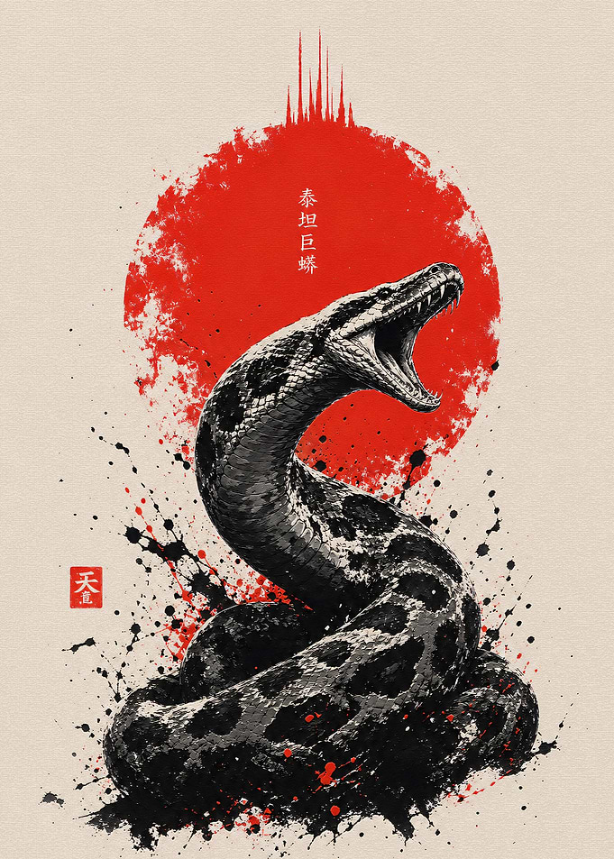 Aggressive Serpent with Red Sun