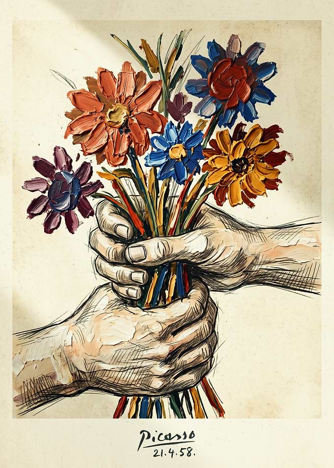 Hands Holding Flowers Picasso Art Style