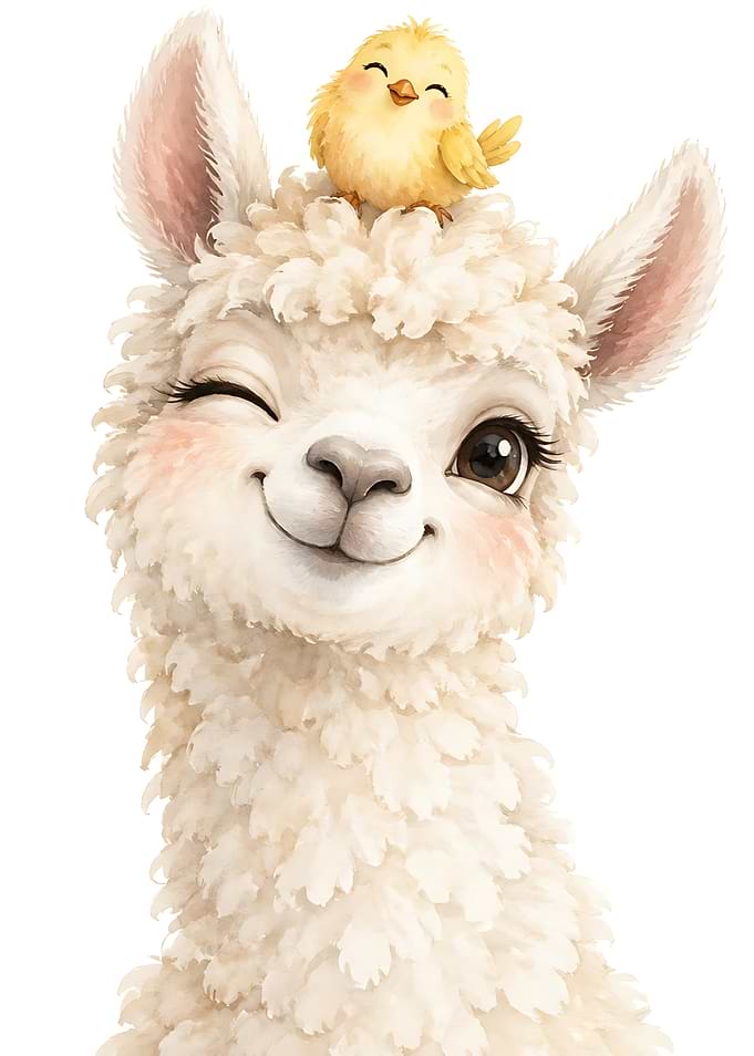 Cute Winking Llama with Baby Chick