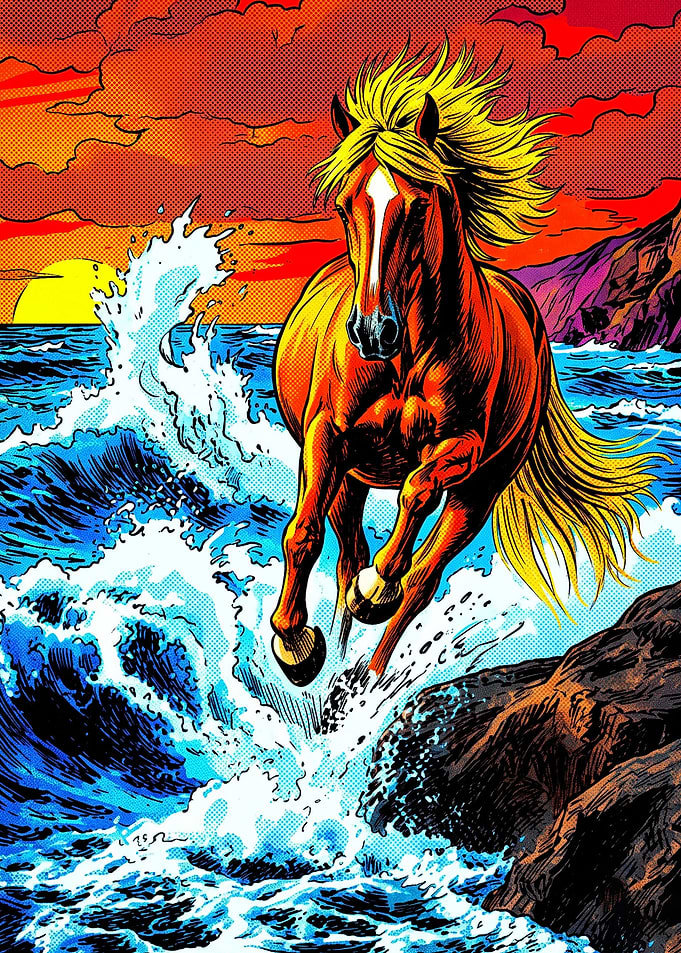 Horse Ocean Sunset Retro Pop Art