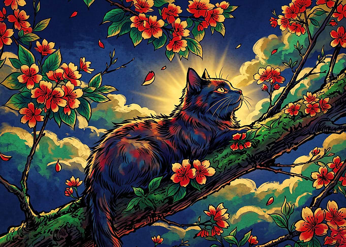 Black Cat Resting in Cherry Blossoms