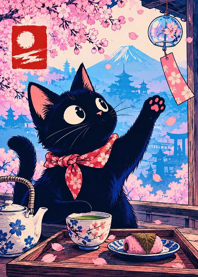 Black Cat Enjoying Springtime in Japan