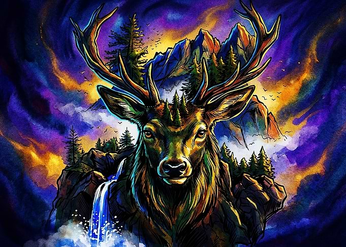 Majestic Stag in Vibrant Mountain Landscape
