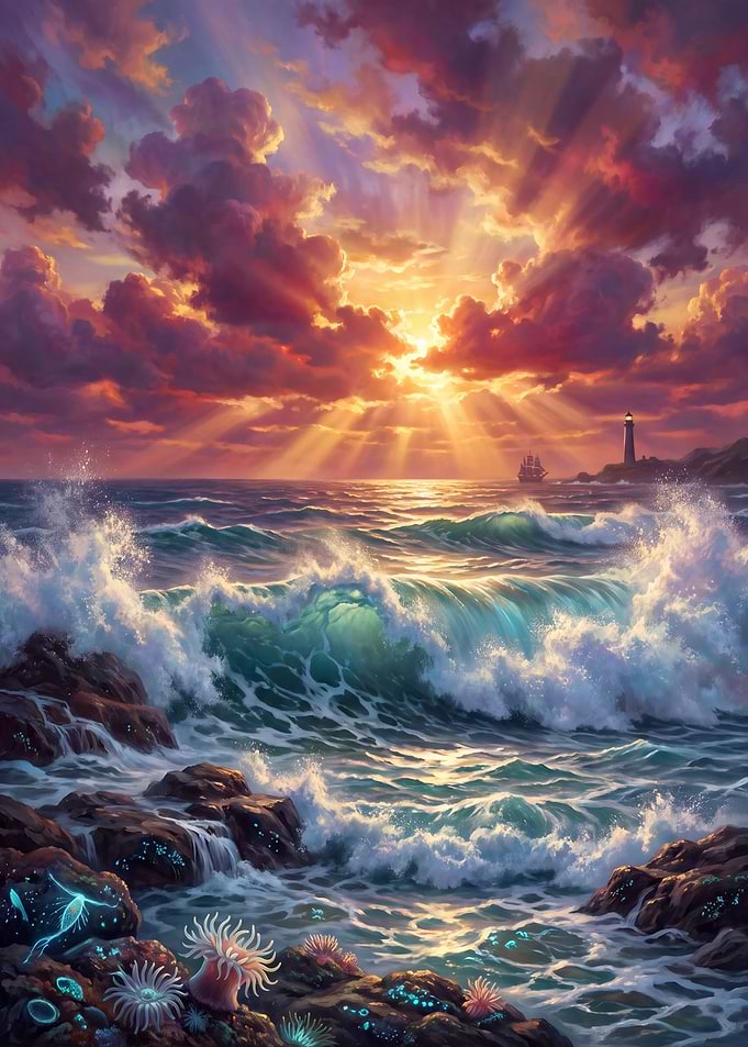 Bioluminescent Coastal Sunset with Lighthouse
