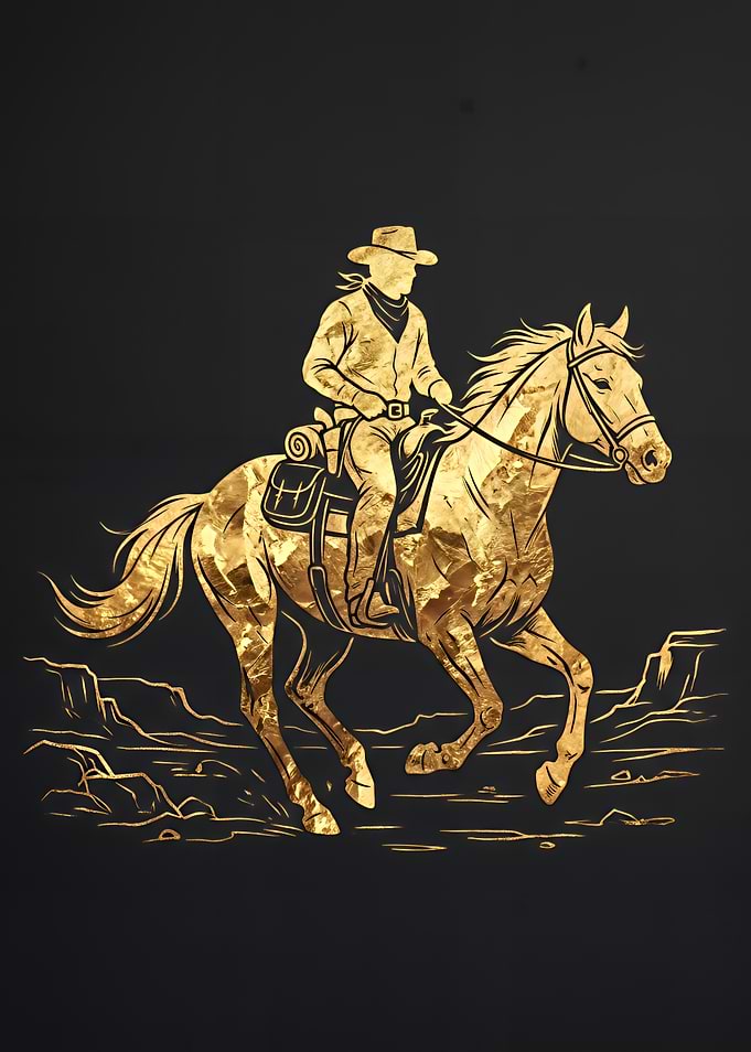 Golden Cowboy Riding Horse Illustration