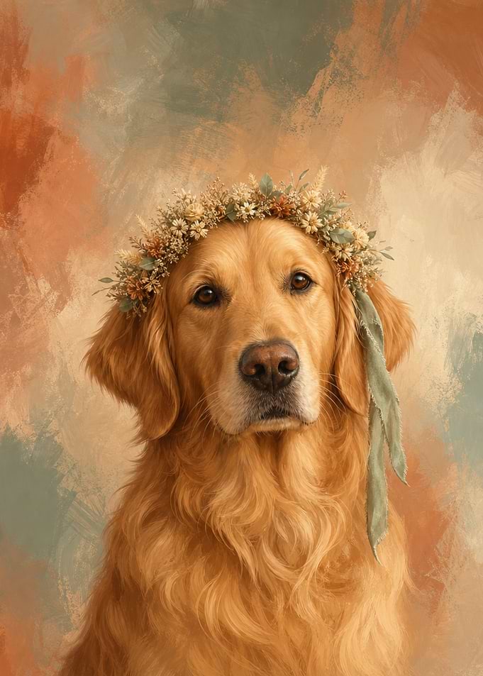Golden Retriever Wall Art — Boho Flower Crown Portrait