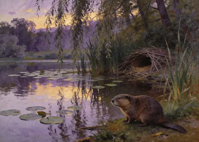 Beaver by the Pond at Sunset