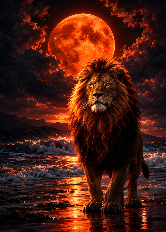 Majestic Lion Under Blood Moon