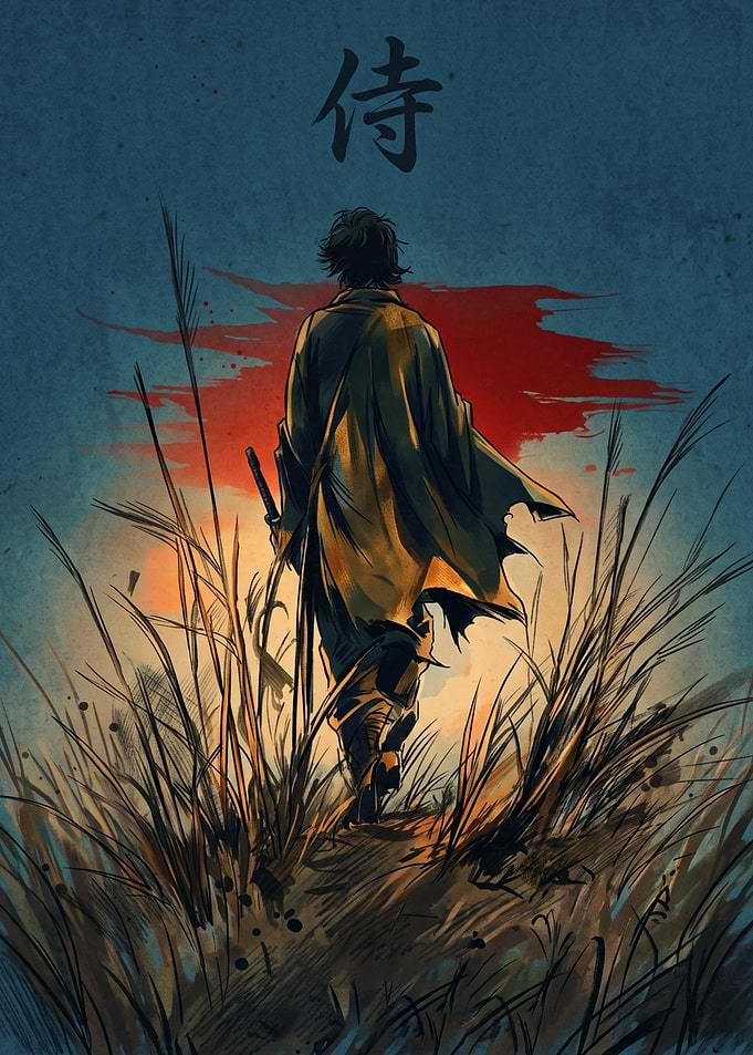 Lone Samurai Walking Through Tall Grass Japanese Anime Art Print