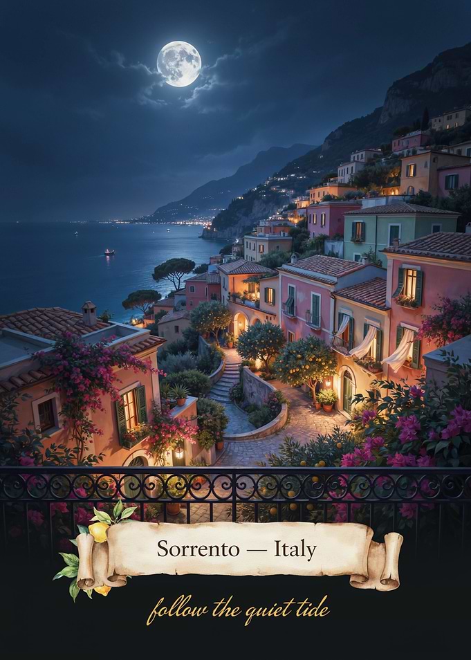 Sorrento Moonlit Balcony Streetscape — Romantic Mystical Mediterranean Night Art