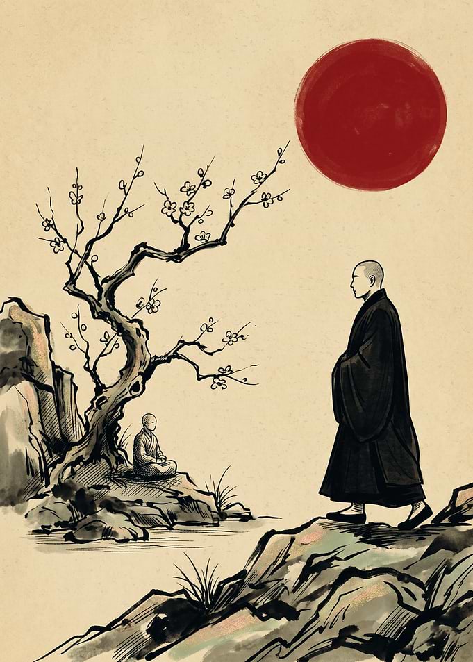 Zen Monk Cherry Blossom Red Sun Japanese Ink Wash Painting