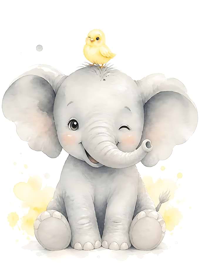 Cute Baby Elephant and Chick Illustration