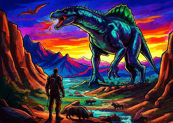 Warrior Facing a Fire-Breathing Dinosaur