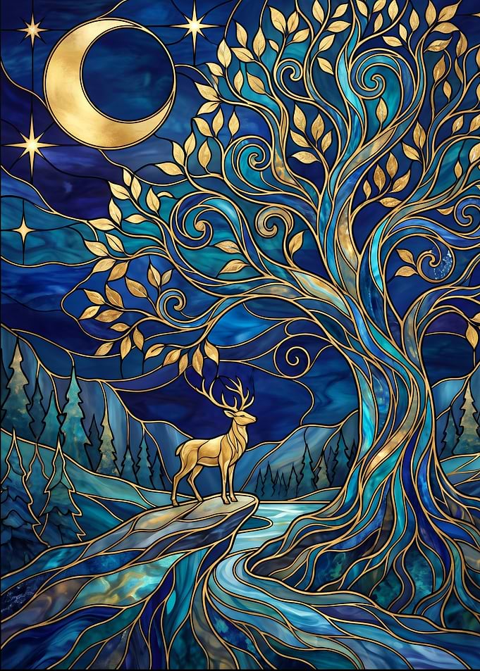 Stained Glass Golden Deer and Tree