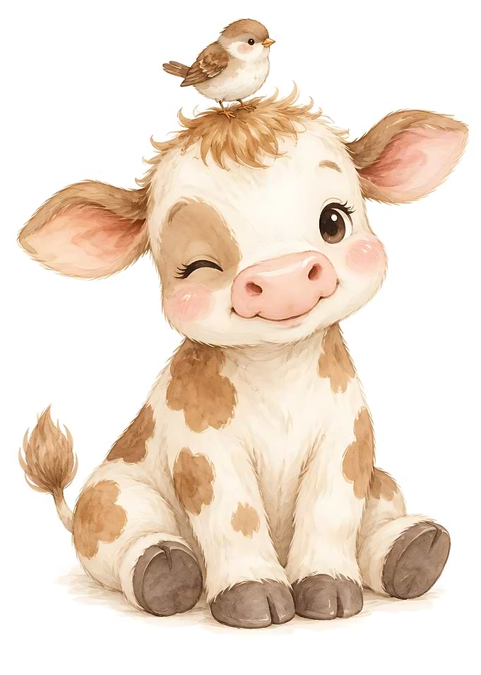 Cute Baby Cow with Little Bird