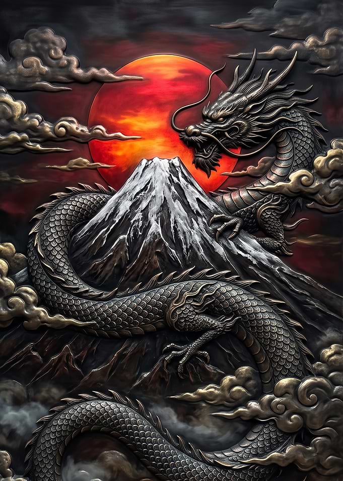 Metallic Dragon and Mount Fuji Relief