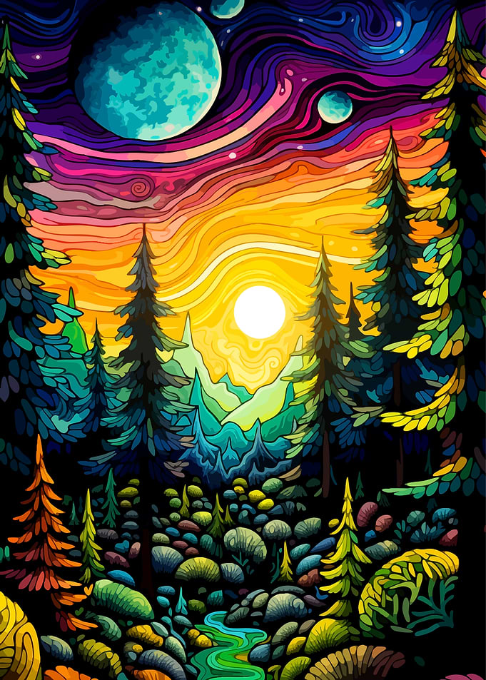 Psychedelic Forest Landscape with Planets