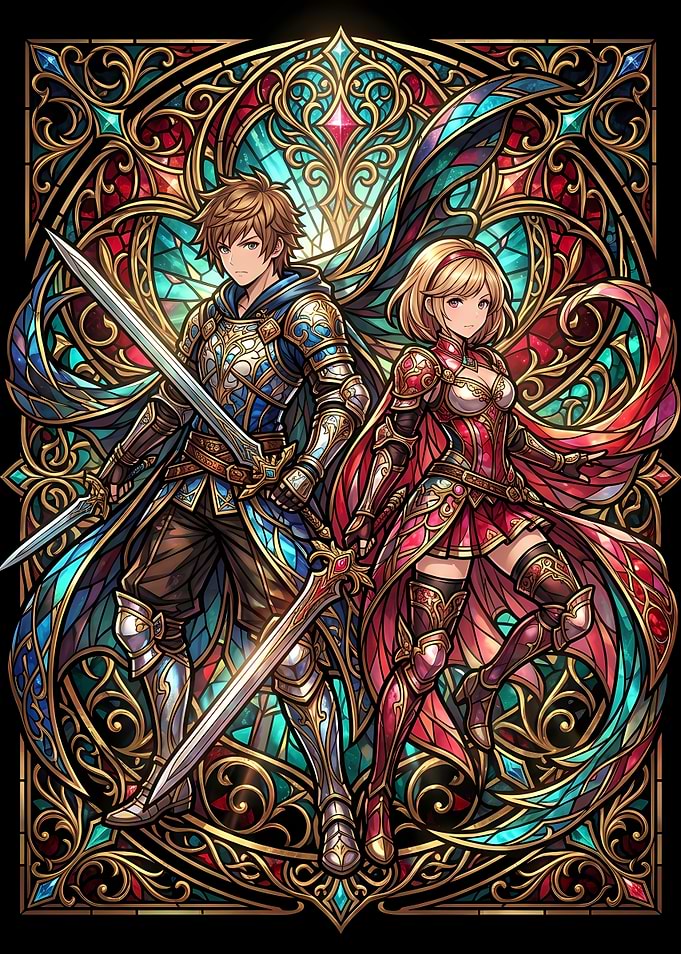 Stained Glass Fantasy Warrior Duo