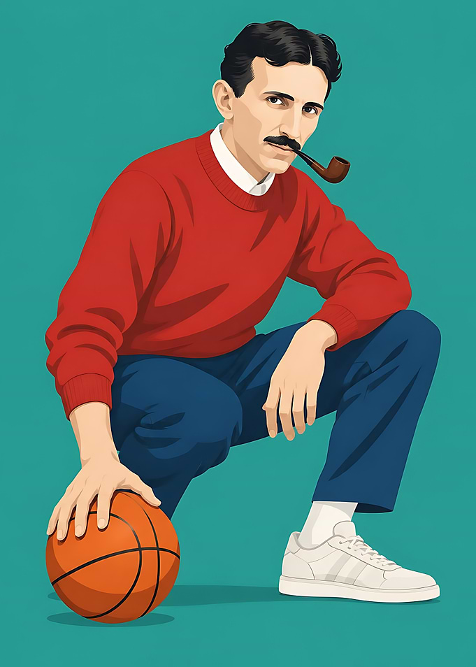 Nikola Tesla Playing Basketball Illustration