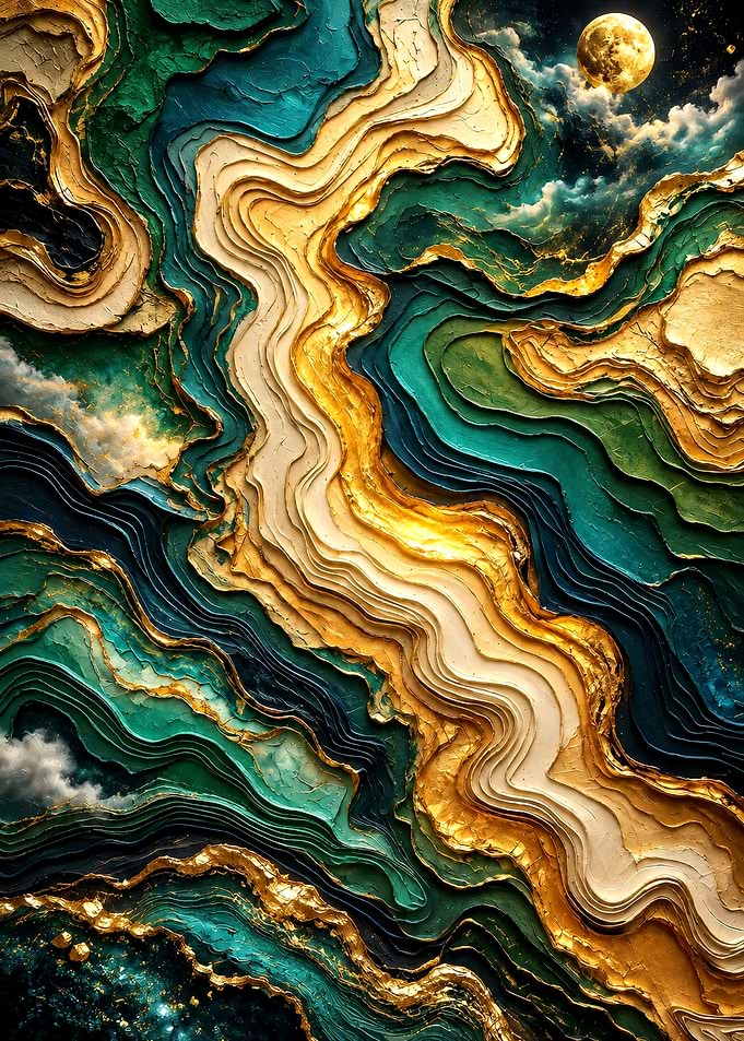 Abstract Gold and Teal Marble Waves