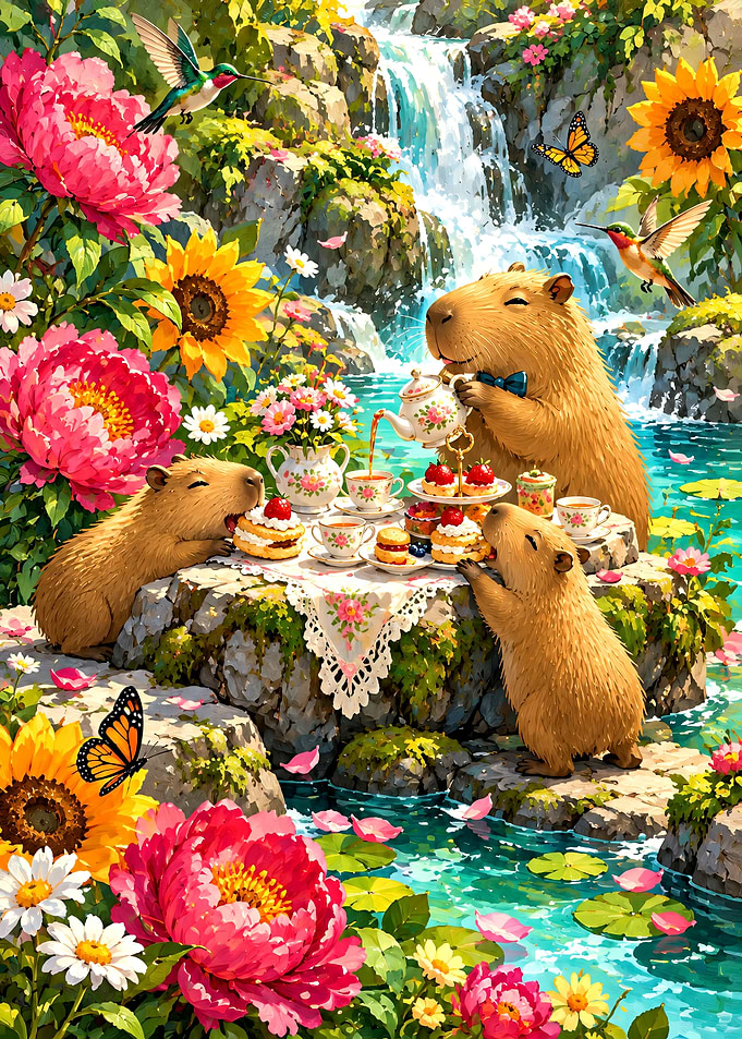 Capybaras Having a Whimsical Tea Party