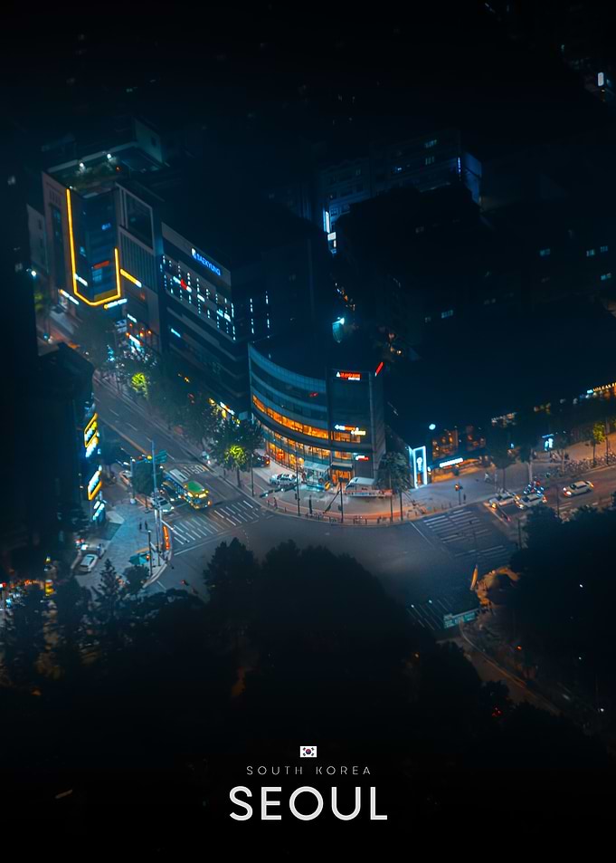 Nighttime Aerial View of Seoul Intersection