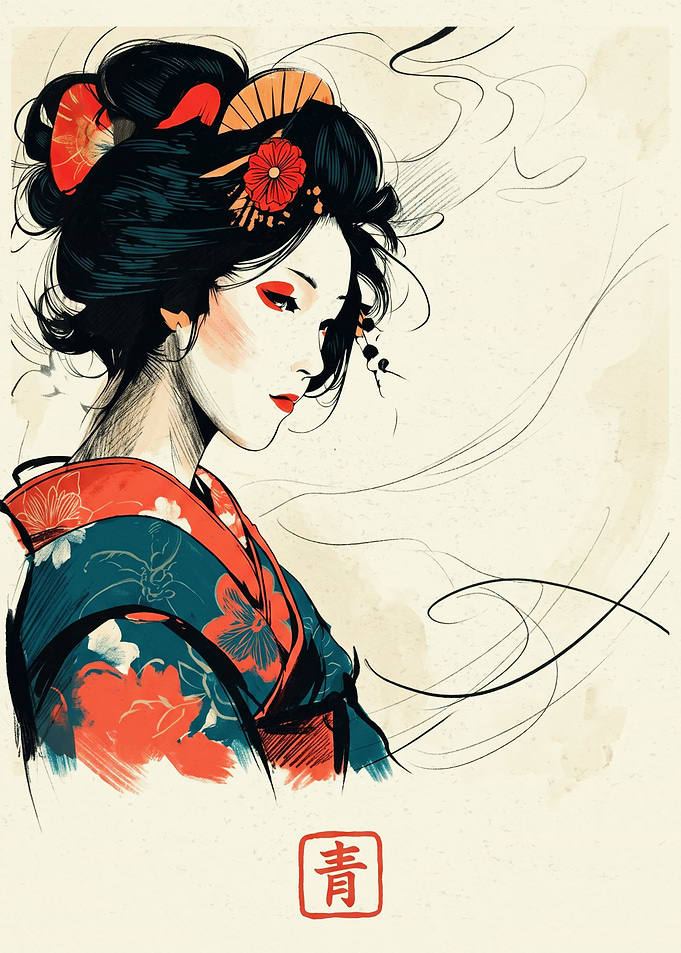 Japanese Geisha Woman In Kimono Illustration Ink Sketch And Watercolor Art