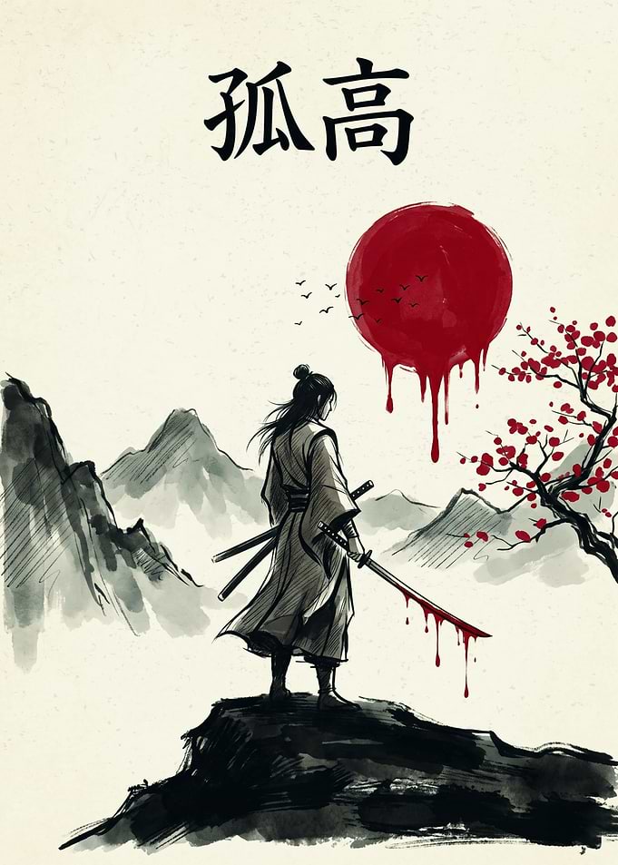 Samurai Warrior Red Sun Japanese Ink Wash Art Poster