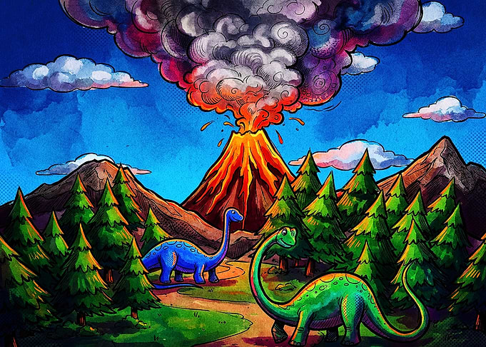 Dinosaurs in a Volcanic Landscape