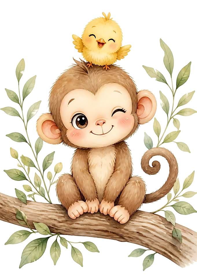 Cute Monkey and Chick Illustration