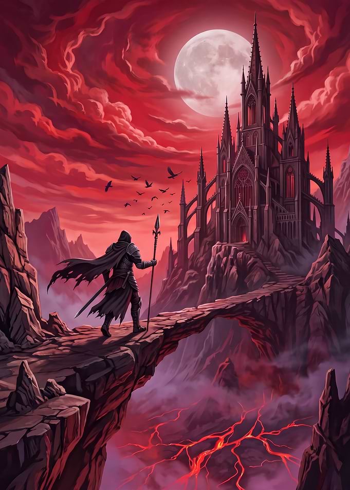 Warrior Approaching Dark Gothic Castle