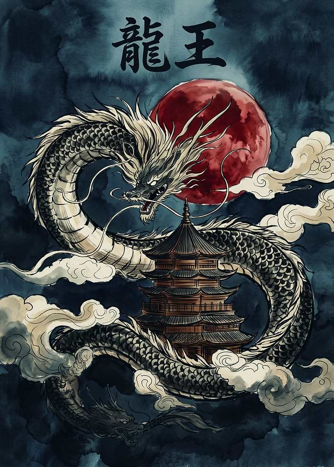 Asian Dragon Pagoda Red Moon Japanese Mythical Creature Watercolor Ink Style