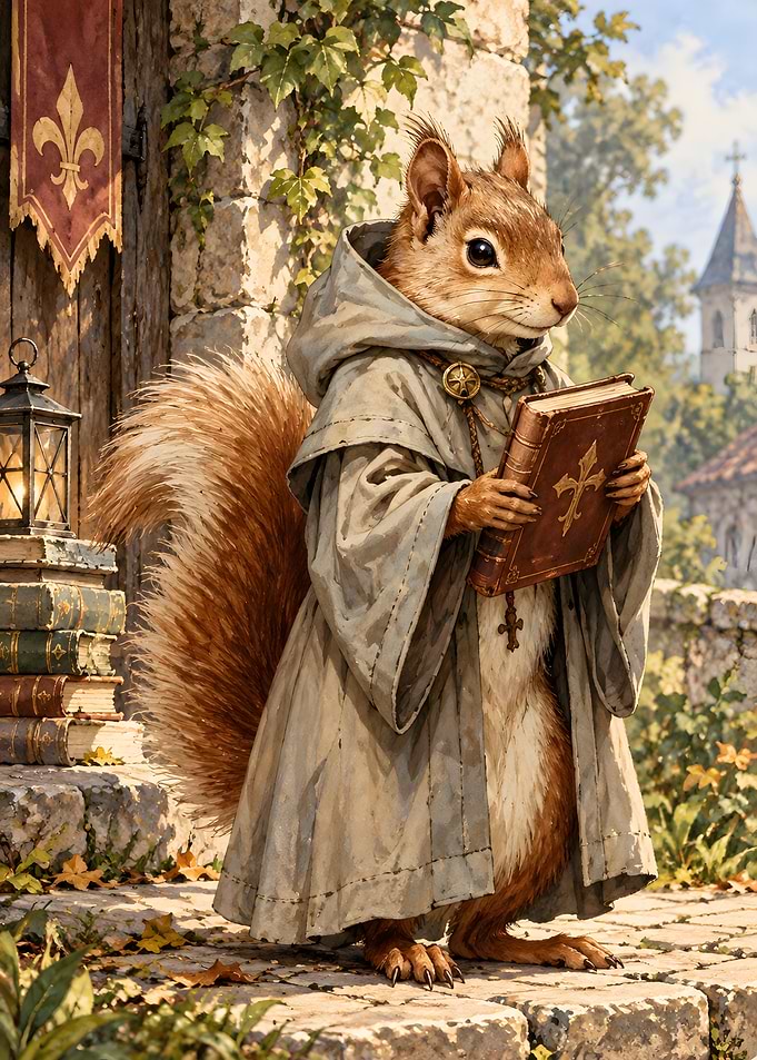 Squirrel Monk Holding a Holy Book