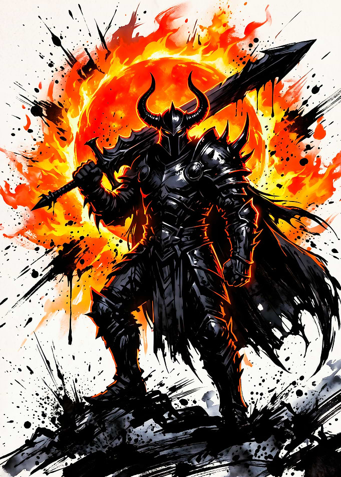 Horned Dark Knight with Flaming Sword