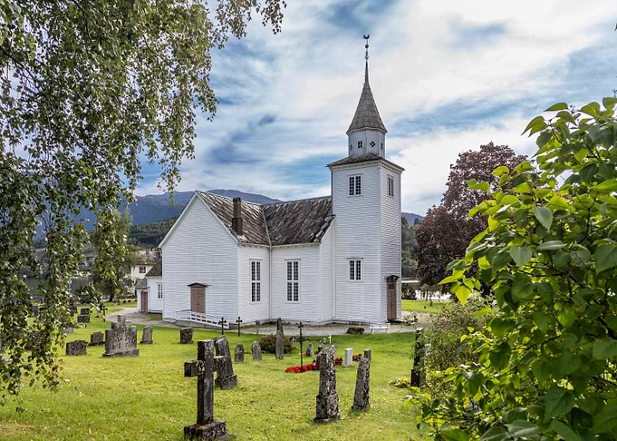 Historic White Wooden Church in Ulvik, Norway