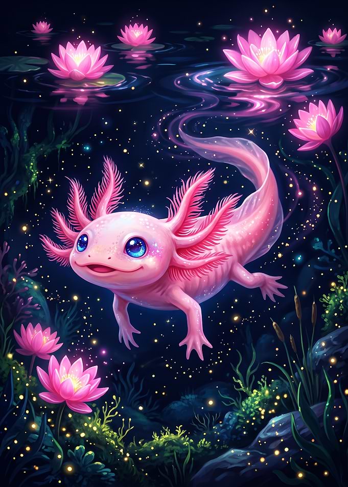 Magical Glowing Axolotl in Pond