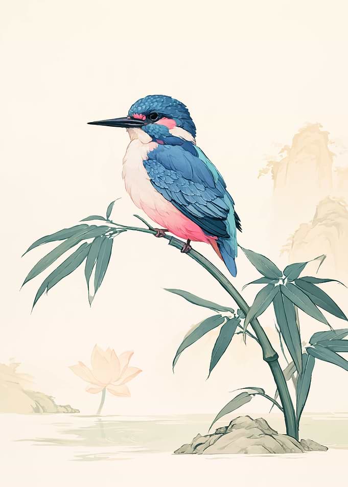 Kingfisher Perched on Bamboo Branch