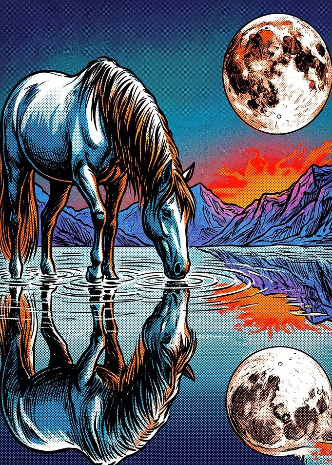 Horse Moon Lake Retro Art Poster