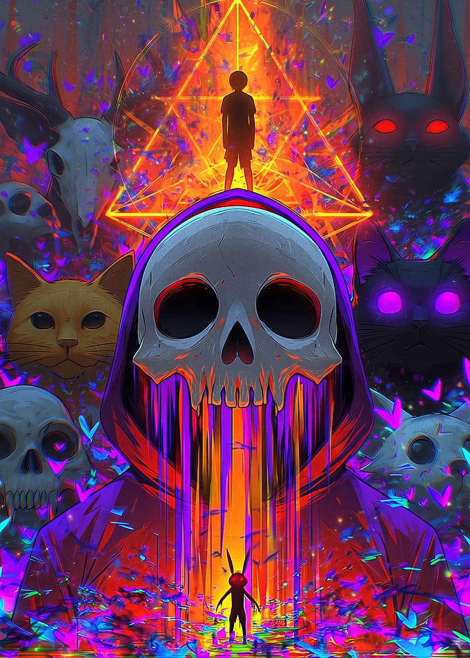 Surreal Glitch Skull and Silhouette Art