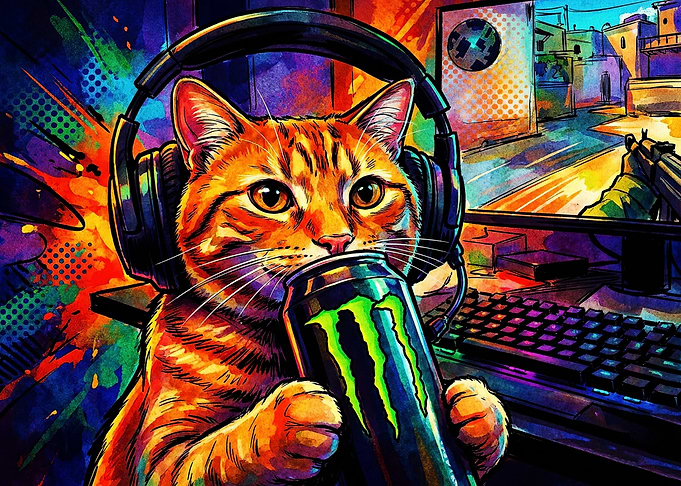 Gamer Cat Drinking Energy Drink