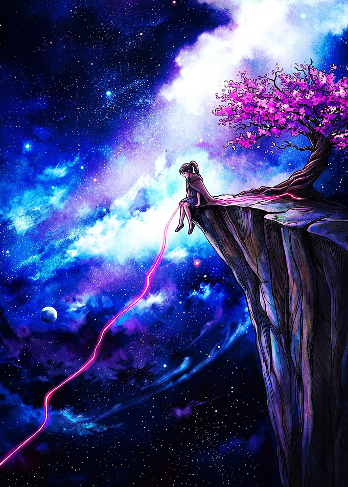 Girl Sitting on Cliff Under Stars