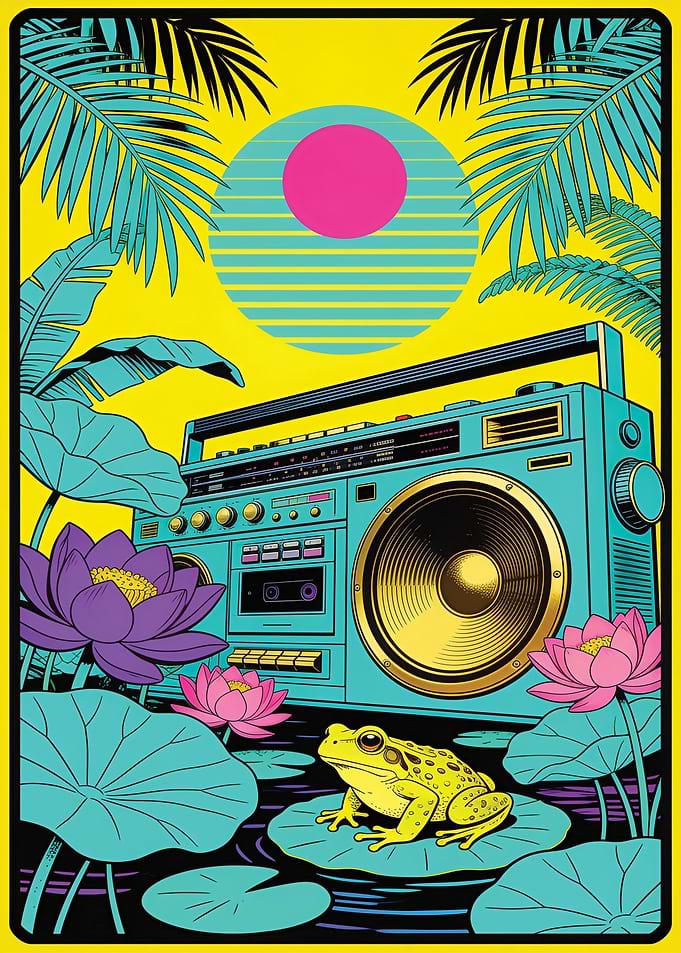 Retro Boombox and Frog Tropical Illustration
